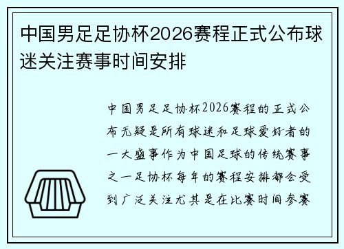 中国男足足协杯2026赛程正式公布球迷关注赛事时间安排