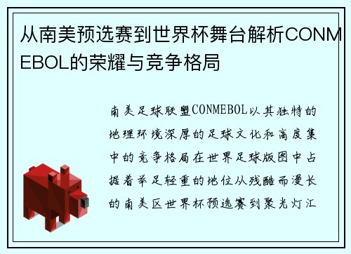 从南美预选赛到世界杯舞台解析CONMEBOL的荣耀与竞争格局